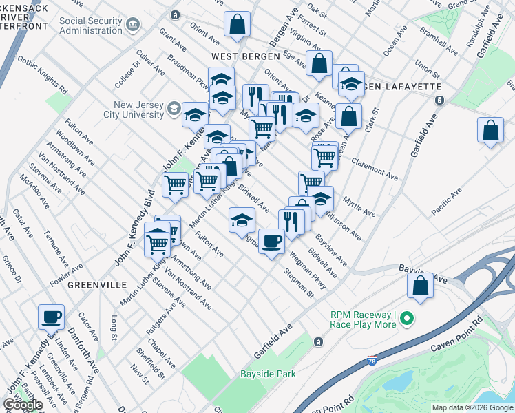 map of restaurants, bars, coffee shops, grocery stores, and more near 142 Bidwell Avenue in Jersey City