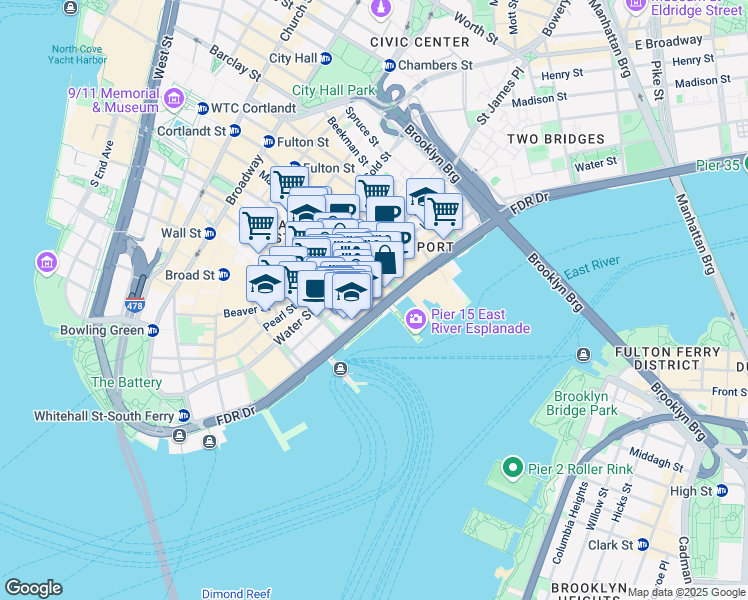 map of restaurants, bars, coffee shops, grocery stores, and more near 156 Front Street in New York