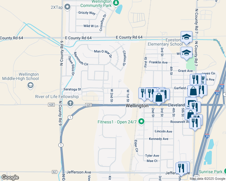 map of restaurants, bars, coffee shops, grocery stores, and more near 3501 Garfield Avenue in Wellington