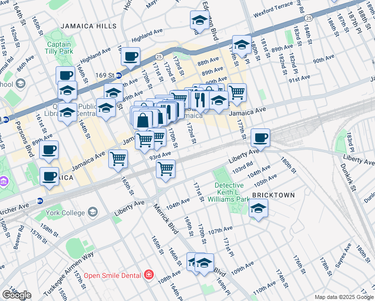 map of restaurants, bars, coffee shops, grocery stores, and more near 17020A Park Circle in Queens