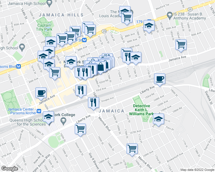 map of restaurants, bars, coffee shops, grocery stores, and more near 168-63 93rd Avenue in Queens