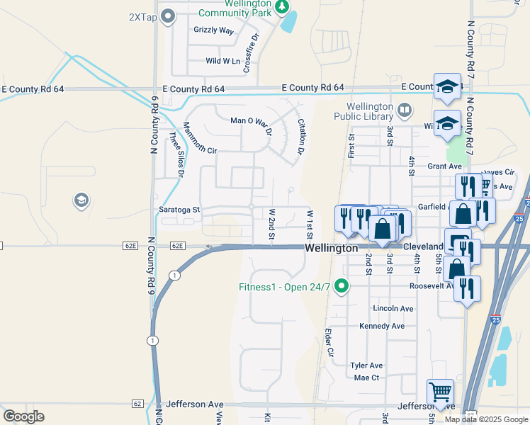 map of restaurants, bars, coffee shops, grocery stores, and more near 3501 Garfield Avenue in Wellington