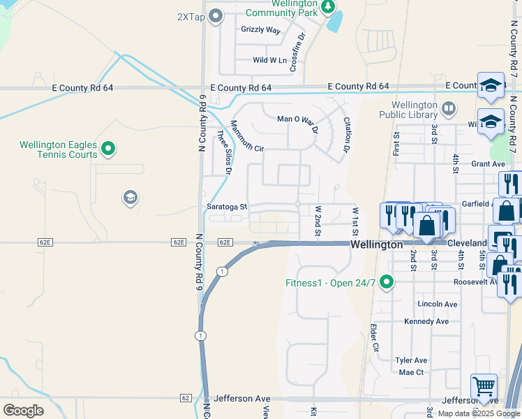 map of restaurants, bars, coffee shops, grocery stores, and more near 3350 Saratoga Street in Wellington