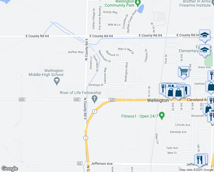 map of restaurants, bars, coffee shops, grocery stores, and more near 3300 Saratoga Street in Wellington