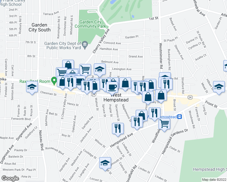 map of restaurants, bars, coffee shops, grocery stores, and more near in West Hempstead