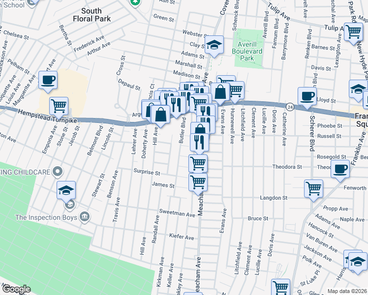 map of restaurants, bars, coffee shops, grocery stores, and more near 1375 Fox Street in Elmont