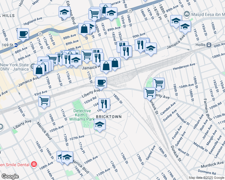 map of restaurants, bars, coffee shops, grocery stores, and more near 180-08 Liberty Avenue in Queens