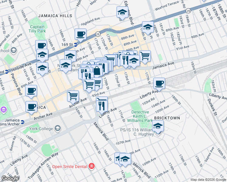map of restaurants, bars, coffee shops, grocery stores, and more near 17020A Park Circle in Queens