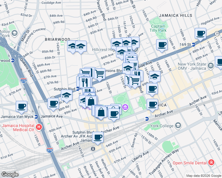 map of restaurants, bars, coffee shops, grocery stores, and more near 150-02 88th Avenue in Queens