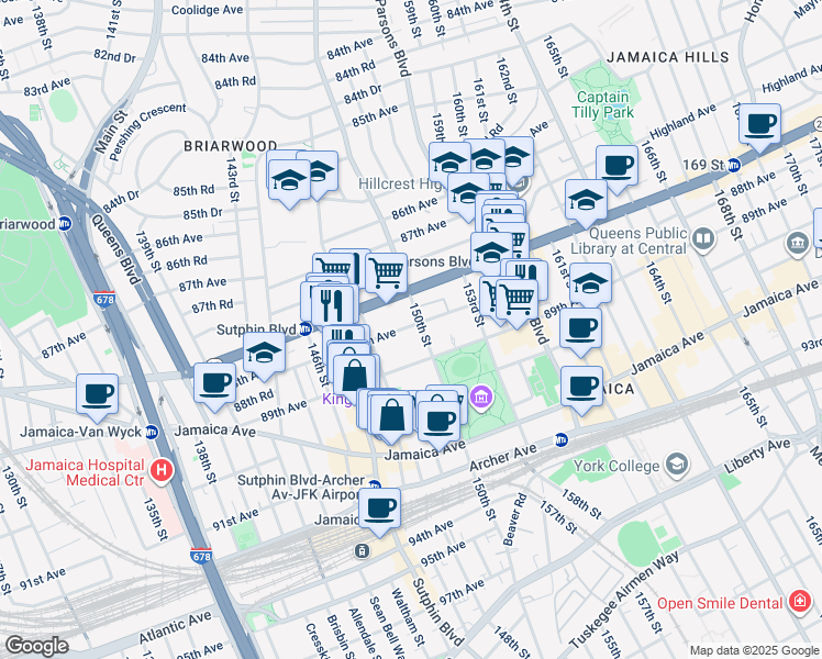 map of restaurants, bars, coffee shops, grocery stores, and more near 150-02 88th Avenue in Queens