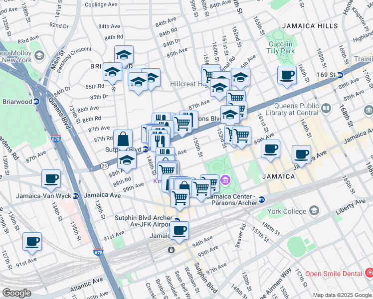 map of restaurants, bars, coffee shops, grocery stores, and more near 14817 88th Avenue in Queens