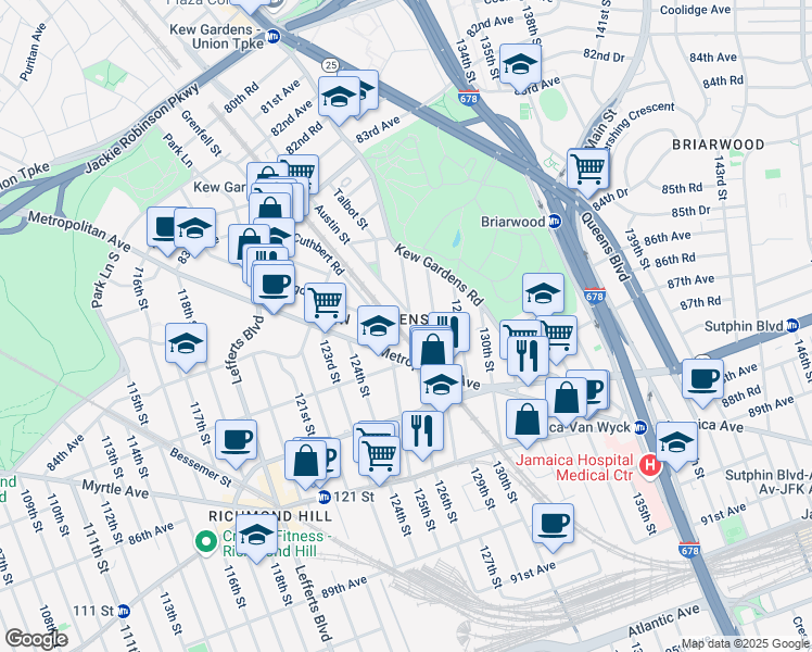 map of restaurants, bars, coffee shops, grocery stores, and more near 84-81 126th Street in Queens