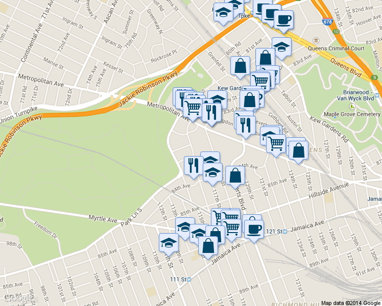 map of restaurants, bars, coffee shops, grocery stores, and more near 8331 116th Street in Queens