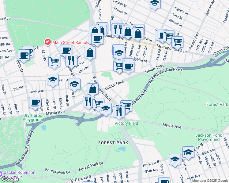 map of restaurants, bars, coffee shops, grocery stores, and more near 80-10 Margaret Place in Queens
