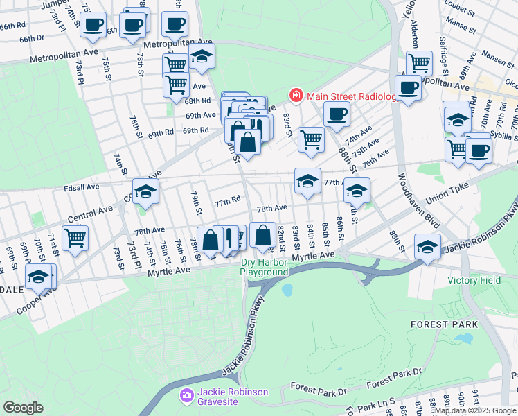 map of restaurants, bars, coffee shops, grocery stores, and more near 8106 78th Avenue in Queens