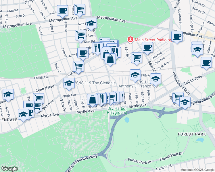 map of restaurants, bars, coffee shops, grocery stores, and more near 79-73 78th Avenue in Queens