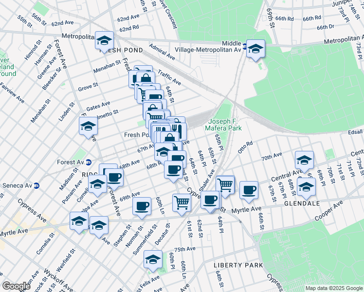 map of restaurants, bars, coffee shops, grocery stores, and more near 62-18 68th Avenue in Queens