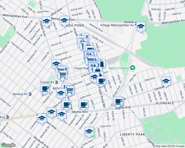 map of restaurants, bars, coffee shops, grocery stores, and more near 60-75 67th Avenue in Queens