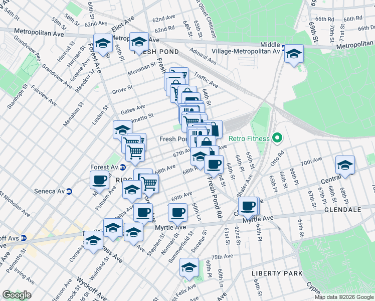 map of restaurants, bars, coffee shops, grocery stores, and more near 60-75 67th Avenue in Queens