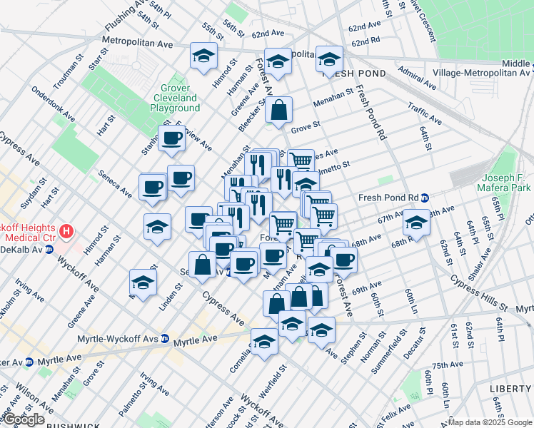 map of restaurants, bars, coffee shops, grocery stores, and more near 19-23 Palmetto Street in Queens
