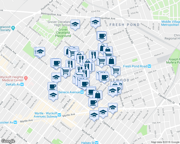 map of restaurants, bars, coffee shops, grocery stores, and more near 663 Woodward Avenue in Queens