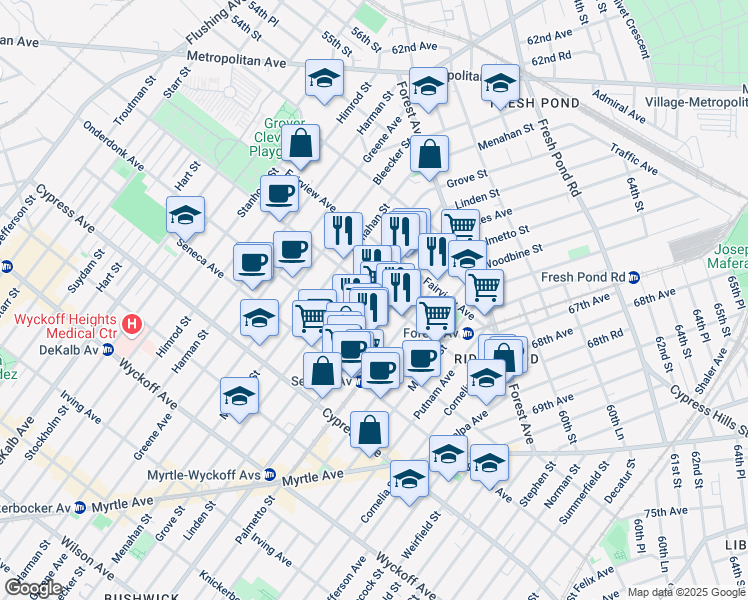 map of restaurants, bars, coffee shops, grocery stores, and more near 663 Woodward Avenue in Queens