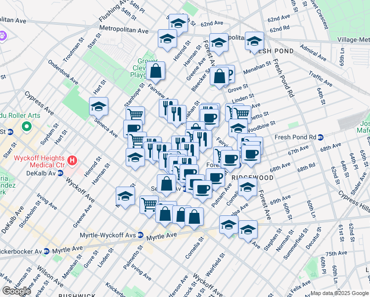map of restaurants, bars, coffee shops, grocery stores, and more near in Queens