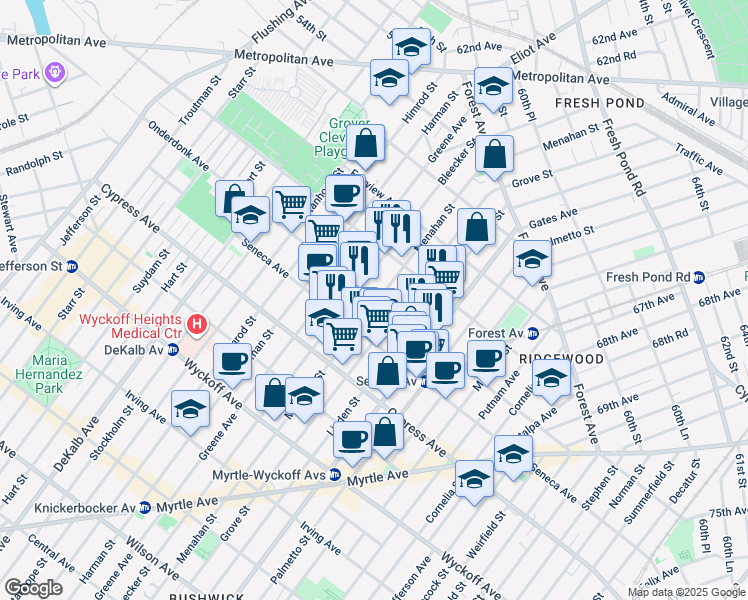 map of restaurants, bars, coffee shops, grocery stores, and more near in Queens