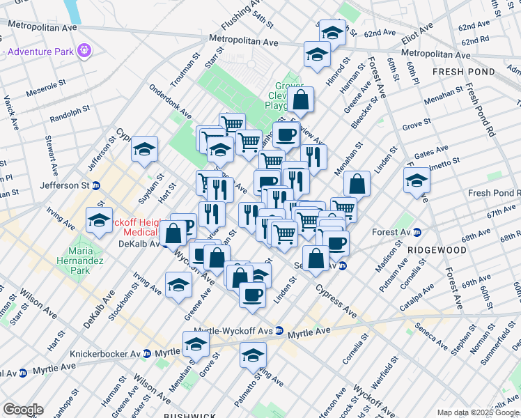 map of restaurants, bars, coffee shops, grocery stores, and more near 494 Seneca Avenue in Queens