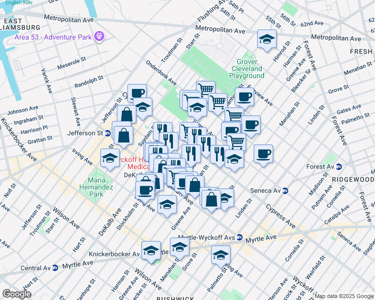 map of restaurants, bars, coffee shops, grocery stores, and more near 418 Stanhope Street in Brooklyn