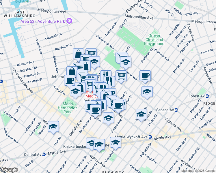 map of restaurants, bars, coffee shops, grocery stores, and more near 1690 DeKalb Avenue in Brooklyn