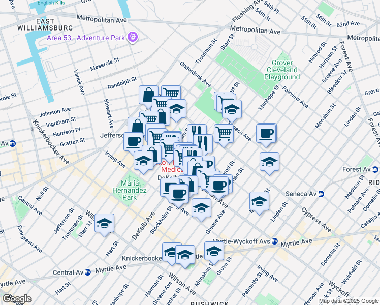 map of restaurants, bars, coffee shops, grocery stores, and more near 1690 DeKalb Avenue in Brooklyn