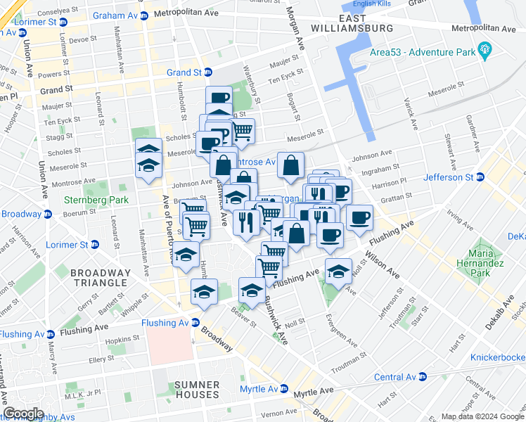 map of restaurants, bars, coffee shops, grocery stores, and more near 14 Seigel Court in Brooklyn