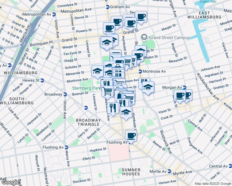 map of restaurants, bars, coffee shops, grocery stores, and more near 110 Graham Avenue in Brooklyn