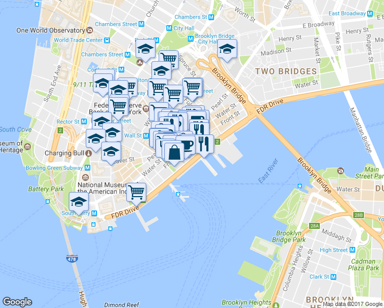 map of restaurants, bars, coffee shops, grocery stores, and more near 156 Front Street in New York