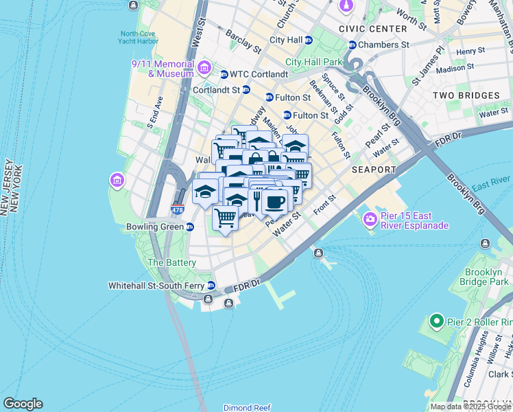 map of restaurants, bars, coffee shops, grocery stores, and more near 5 Hanover Square in New York