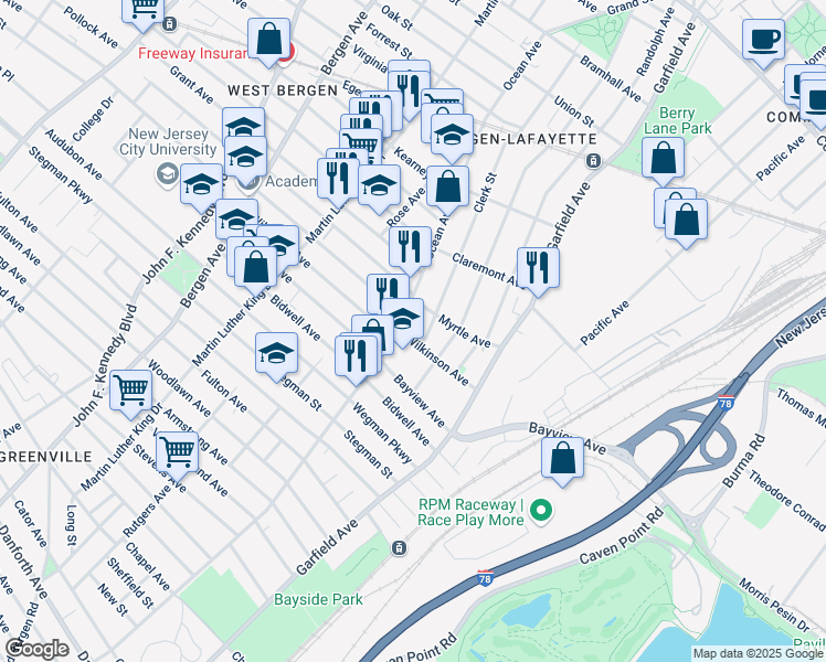 map of restaurants, bars, coffee shops, grocery stores, and more near 44 Clerk Street in Jersey City