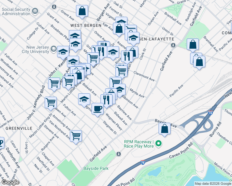 map of restaurants, bars, coffee shops, grocery stores, and more near 557 Ocean Avenue in Jersey City