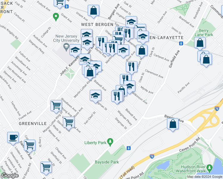 map of restaurants, bars, coffee shops, grocery stores, and more near 114A Bayview Avenue in Jersey City