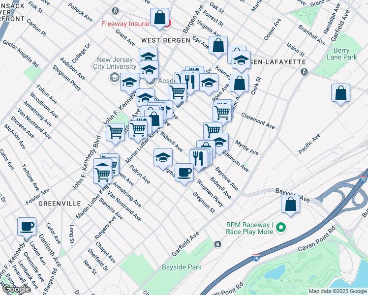 map of restaurants, bars, coffee shops, grocery stores, and more near 142 Bidwell Avenue in Jersey City