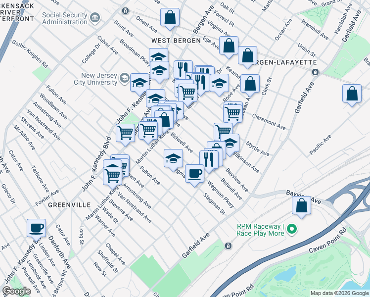 map of restaurants, bars, coffee shops, grocery stores, and more near 142 Bidwell Avenue in Jersey City