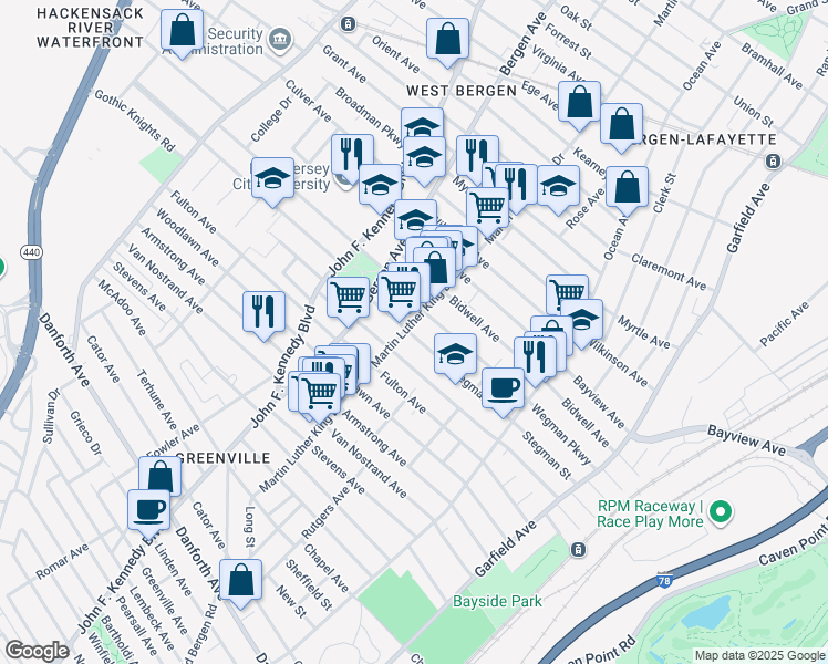 map of restaurants, bars, coffee shops, grocery stores, and more near 158 Martin Luther King Drive in Jersey City
