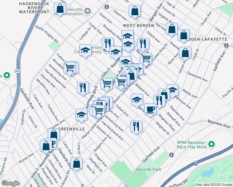 map of restaurants, bars, coffee shops, grocery stores, and more near 224 Dwight Street in Jersey City