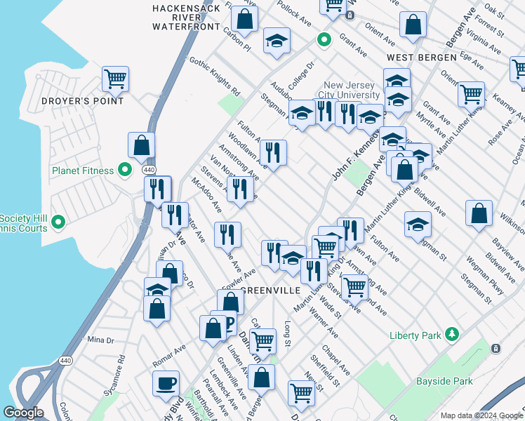 map of restaurants, bars, coffee shops, grocery stores, and more near 283 Van Nostrand Avenue in Jersey City