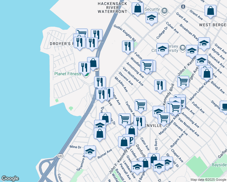 map of restaurants, bars, coffee shops, grocery stores, and more near in Jersey City
