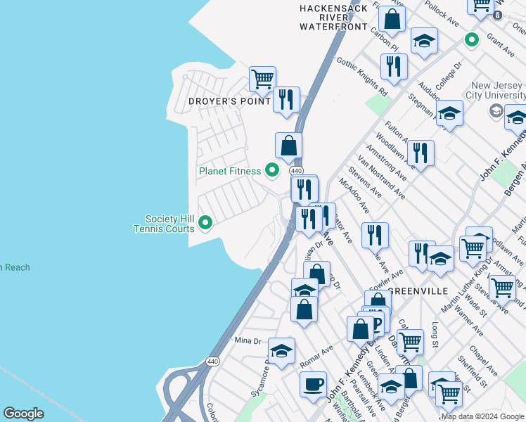 map of restaurants, bars, coffee shops, grocery stores, and more near 12 Cherry Street in Jersey City