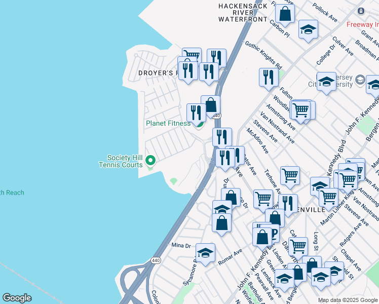 map of restaurants, bars, coffee shops, grocery stores, and more near 12 Cherry Street in Jersey City