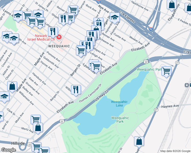 map of restaurants, bars, coffee shops, grocery stores, and more near 2 Lyons Avenue in Newark