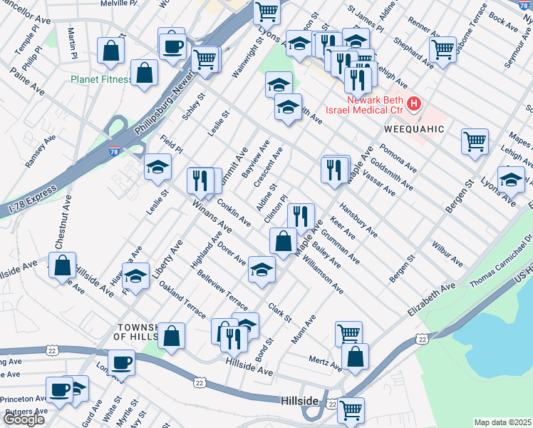 map of restaurants, bars, coffee shops, grocery stores, and more near 247 Williamson Avenue in Hillside