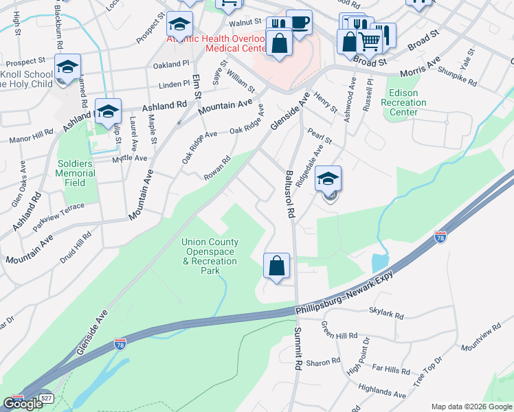 map of restaurants, bars, coffee shops, grocery stores, and more near 51 Stockton Road in Summit